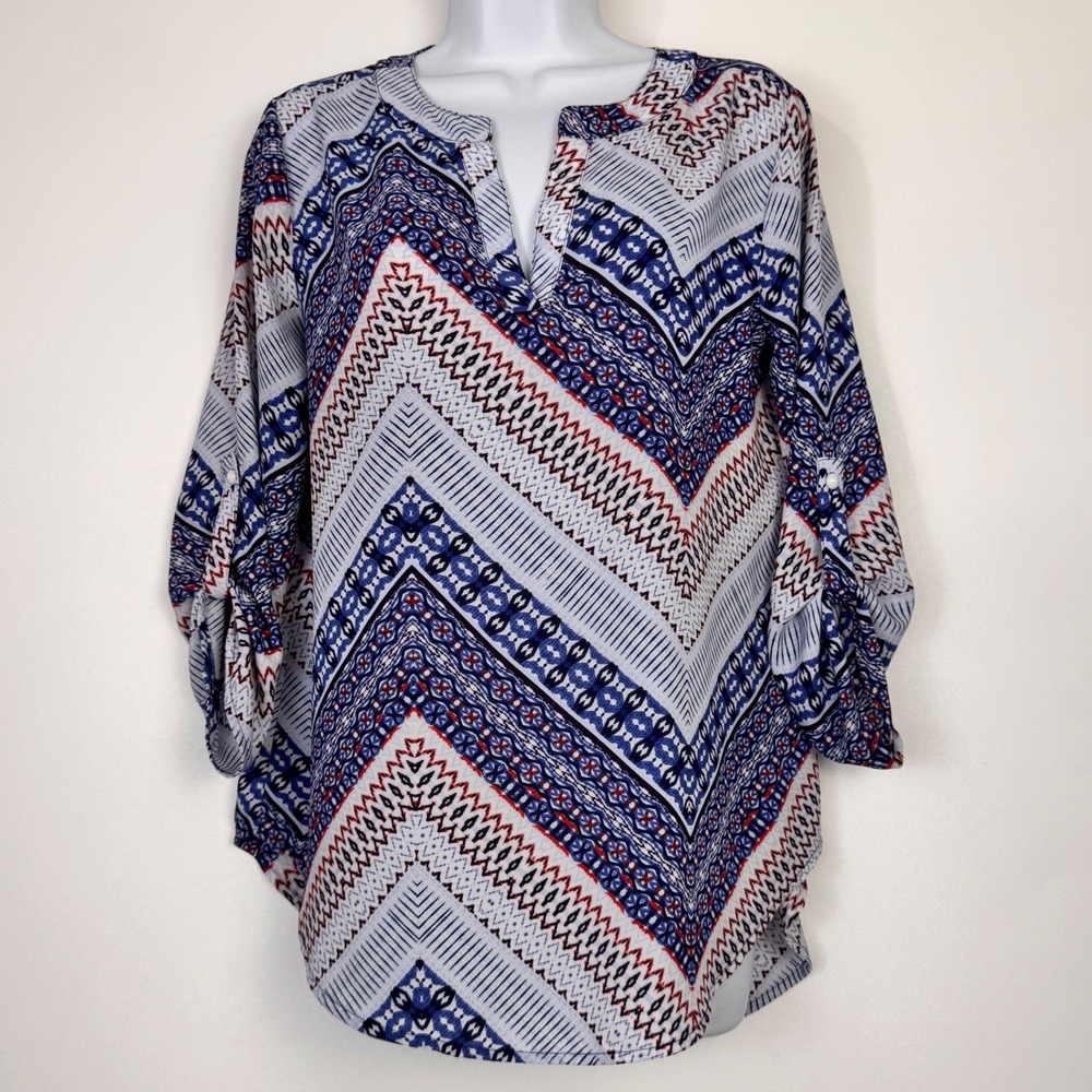 Cato‎ Blouse Womens S Blue Red White Roll Tab Sleeve Geometric Chevron Print Top